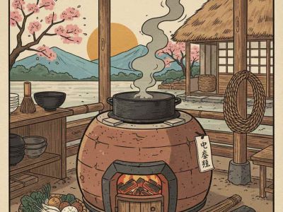 Illustrasjon av en tradisjonell japansk Kamado